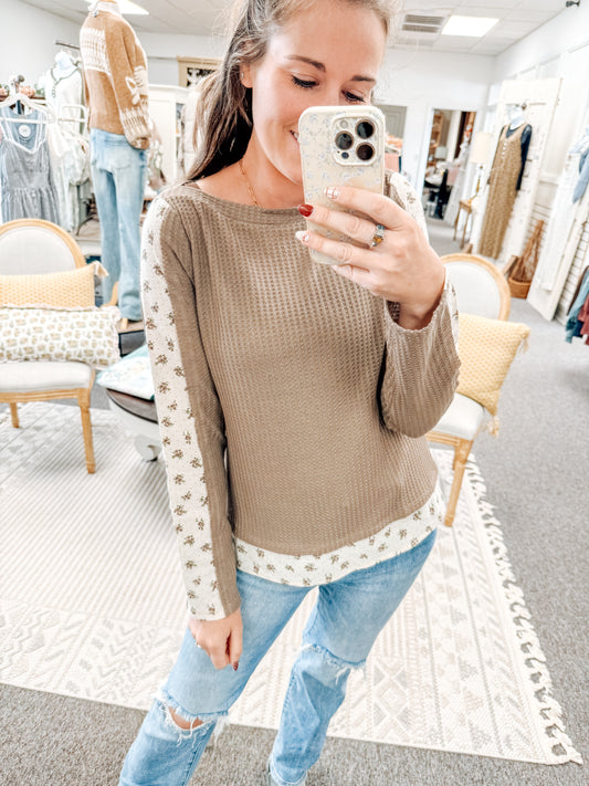 September Petals Waffle Knit Top-Brown