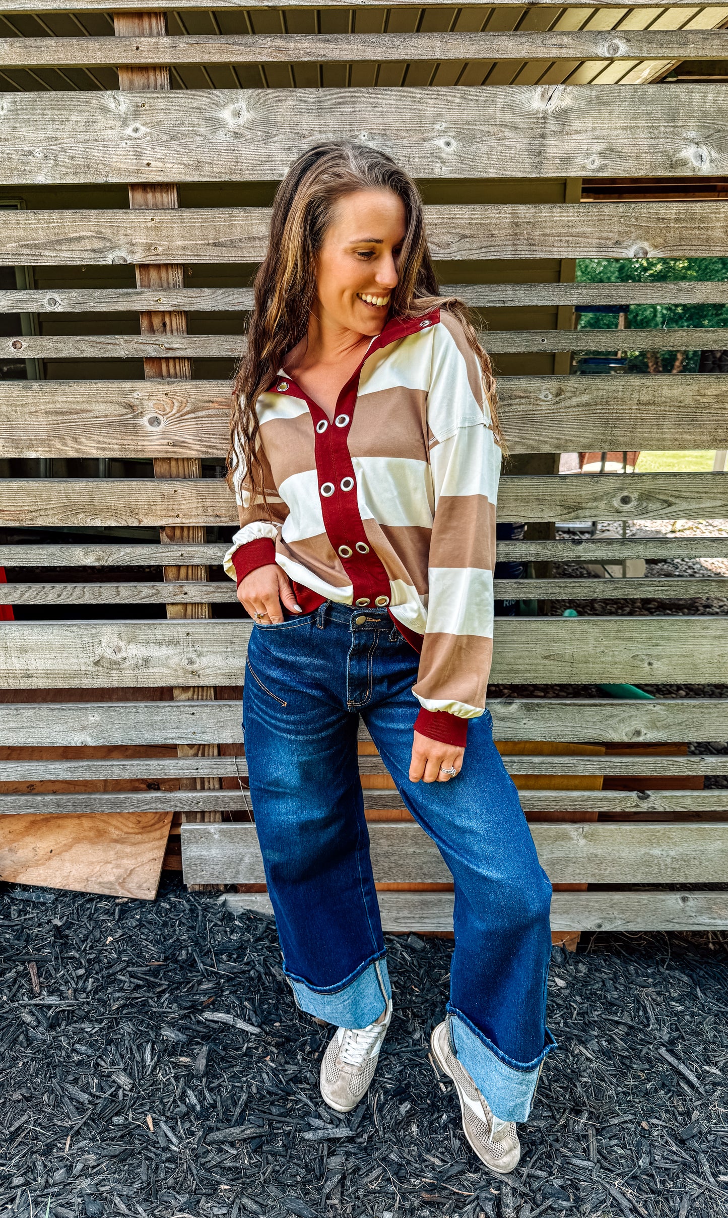 Coffee Date Contrast Collar Stripe Top