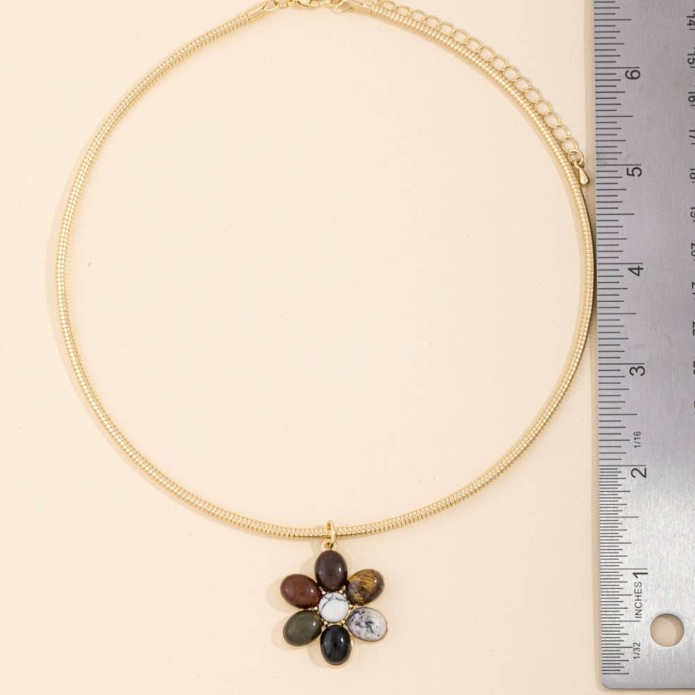 Semi Precious Stone Flower Pendant Necklace