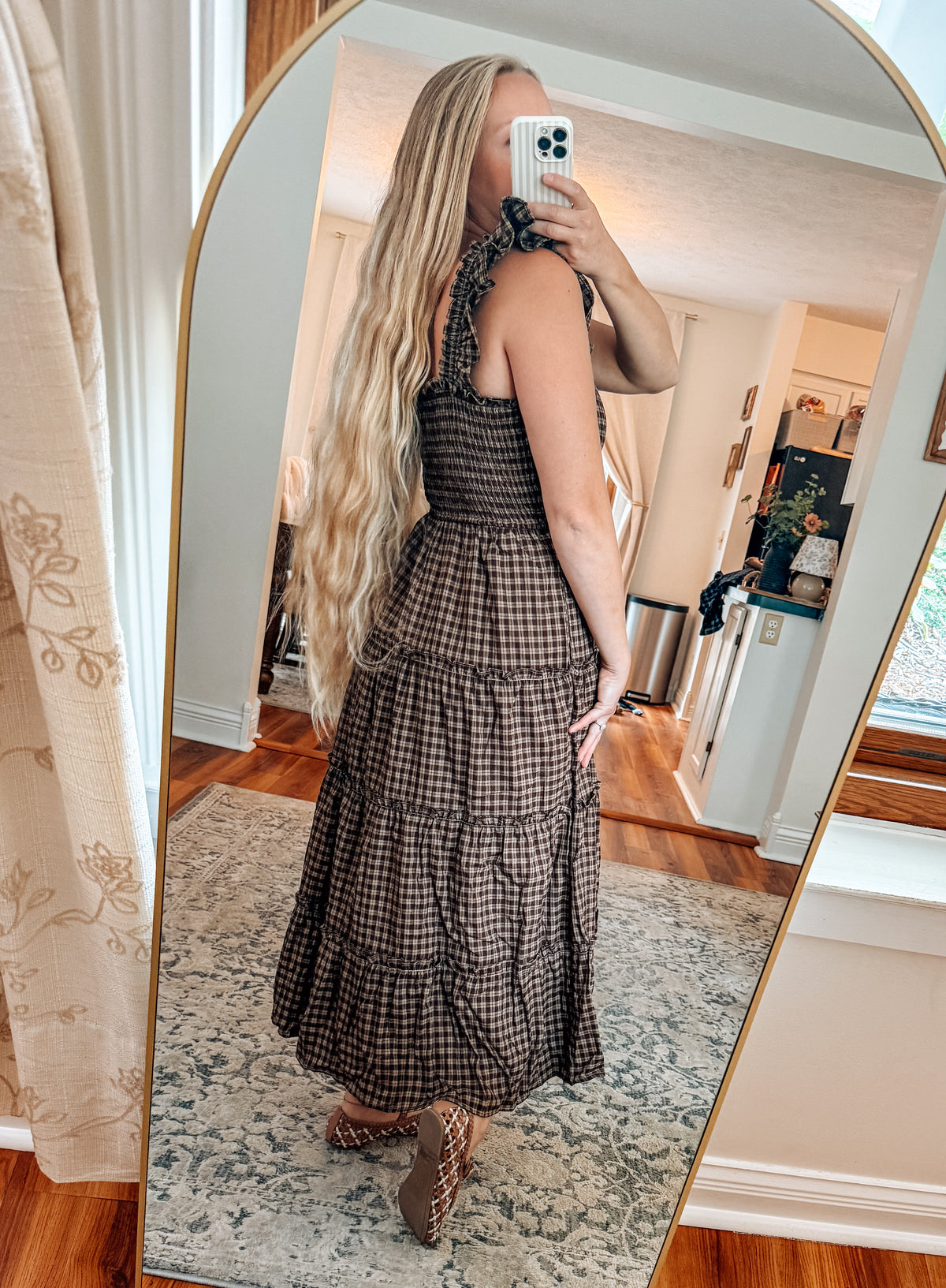Sweetly Plaid Brown Smocked Midi Dress