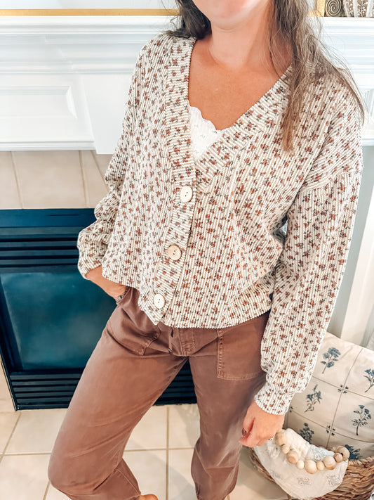 Rustic Bloom Waffle Knit Cardigan
