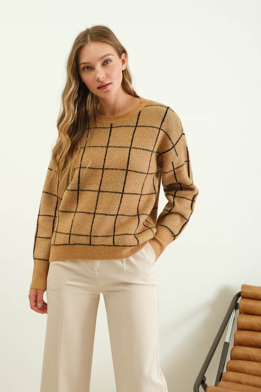 Chestnut Charm Grid Knit Sweater