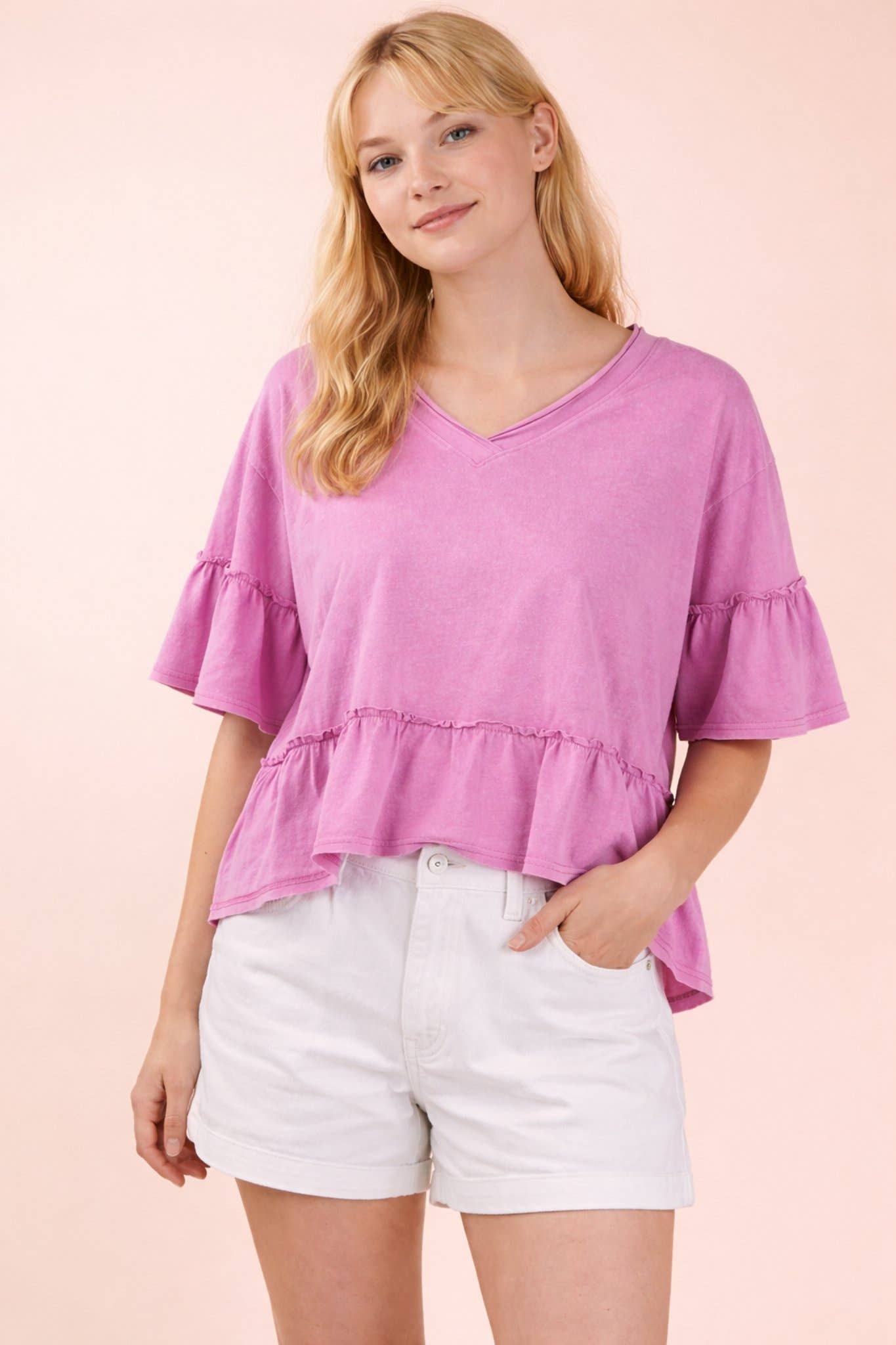 Easy Days Mineral Washed Ruffle Detail Knit Top-Pink