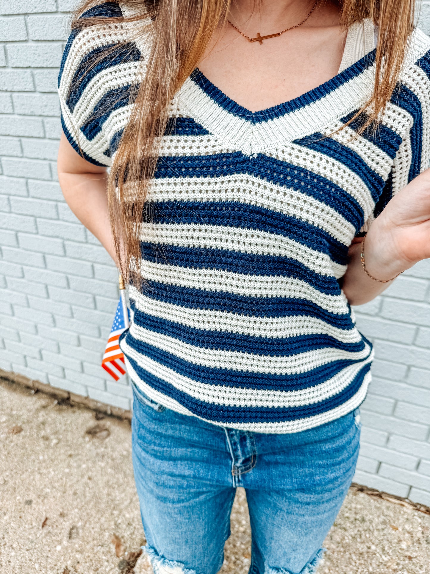 Patriotic Striped Knit Top-Navy