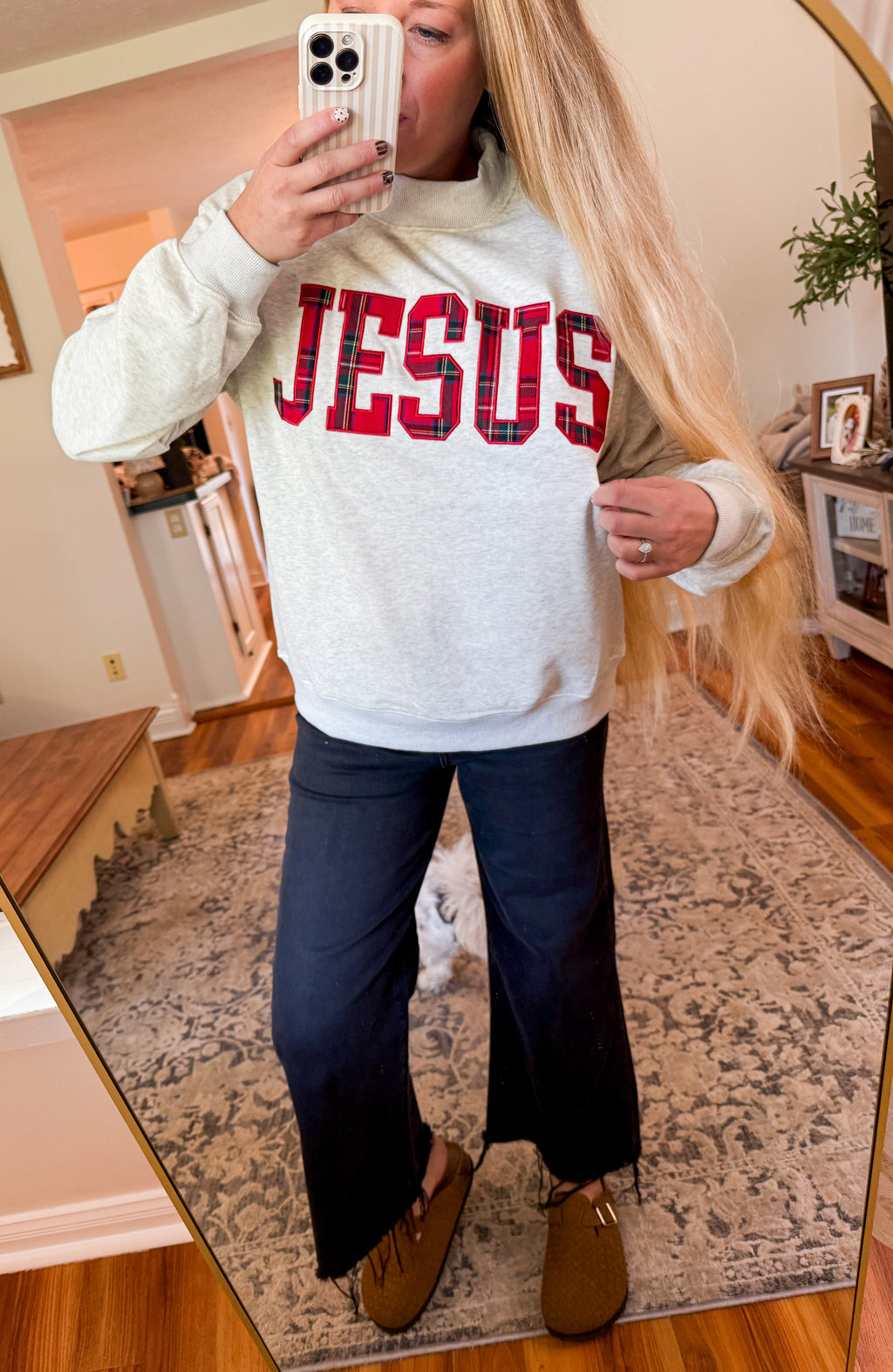 Jesus Red Plaid Lettering Mock Neck Collar Sweatshirt (S-XL)