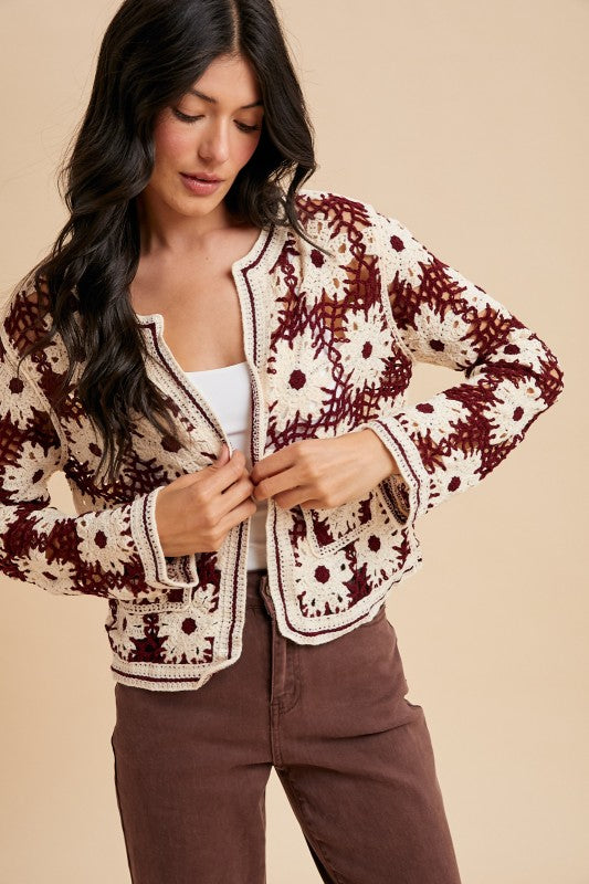 Crimson Frost Crochet Cardigan