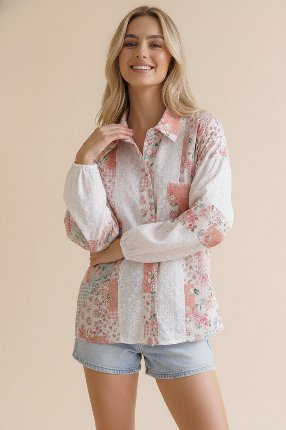 Spring Patchwork Eyelet Button Up