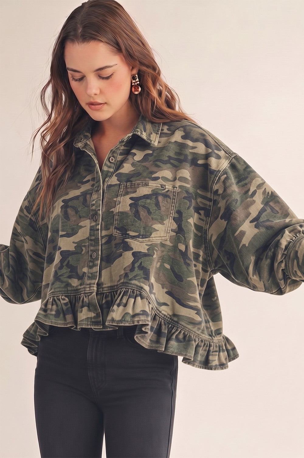 On the Hunt Ruffled Button Up (S-XL)