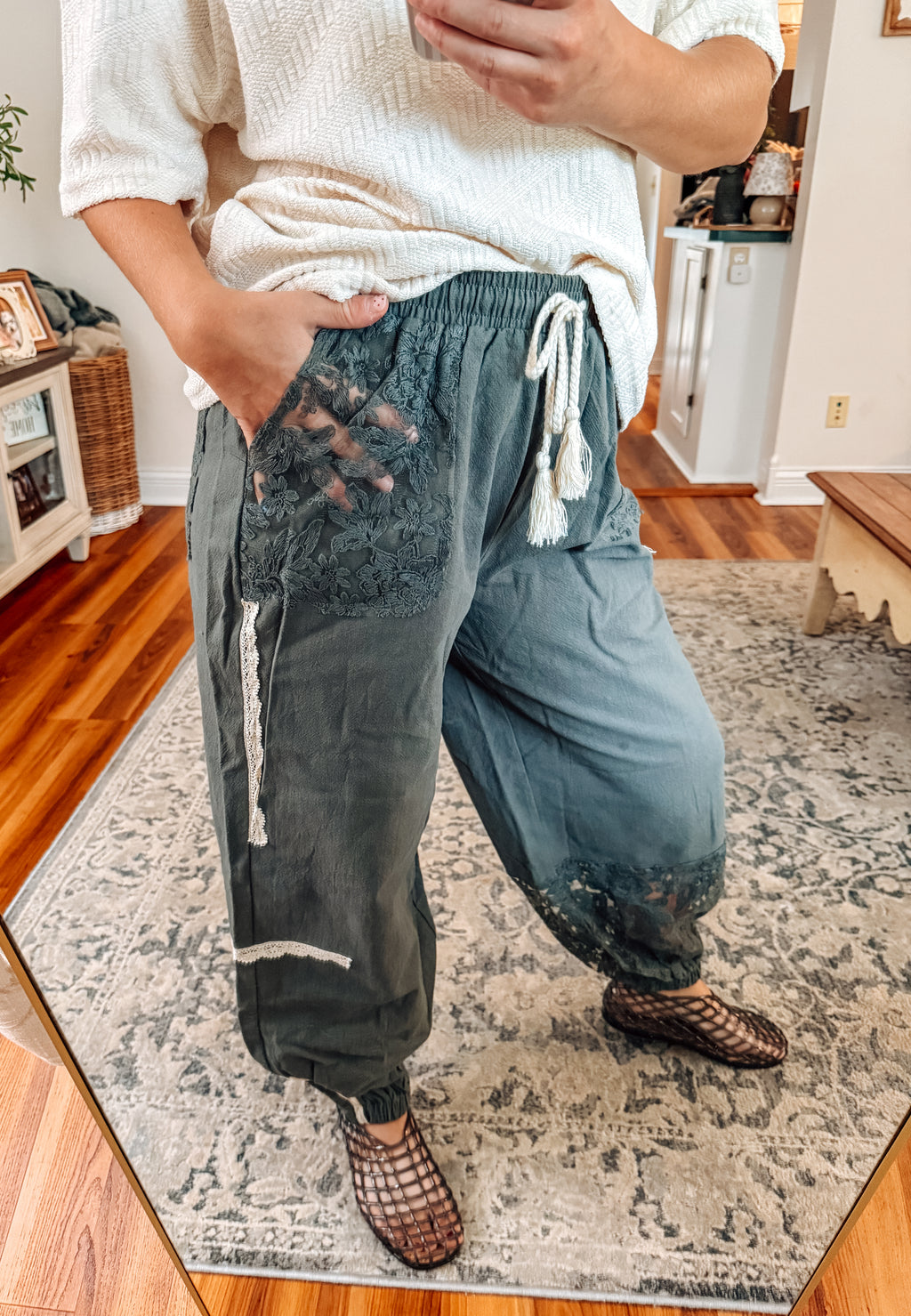 Meadow Days Sage Patchwork Crochet Joggers