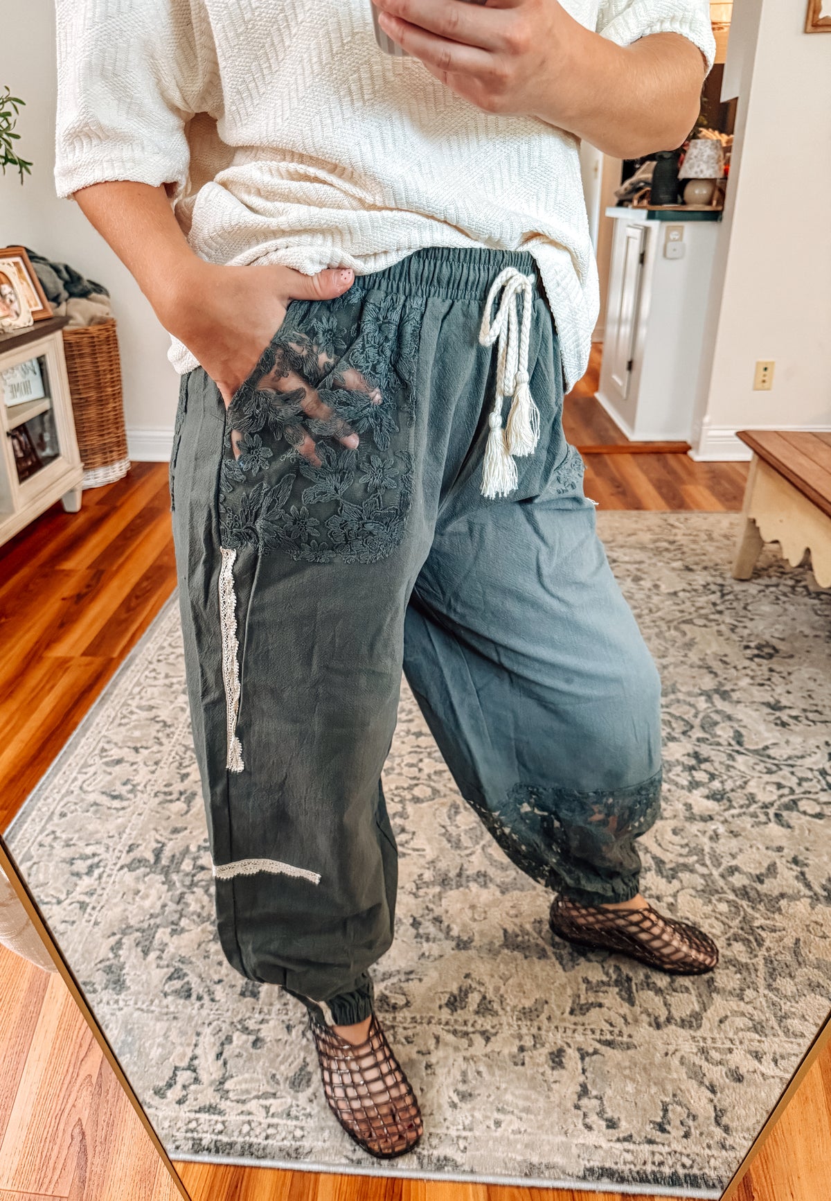 Meadow Days Sage Patchwork Crochet Joggers