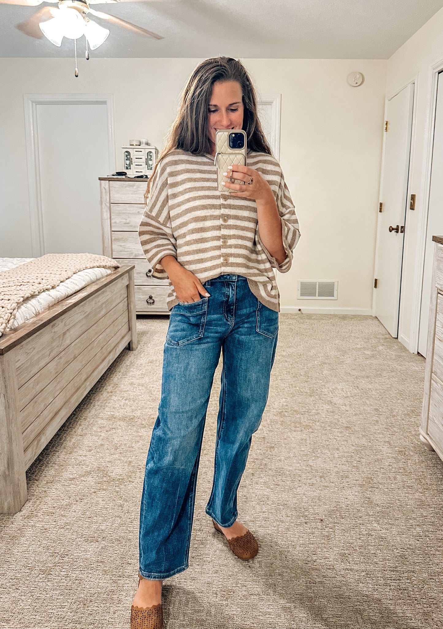 Golden Hour Striped Button Down Cardigan-Mocha