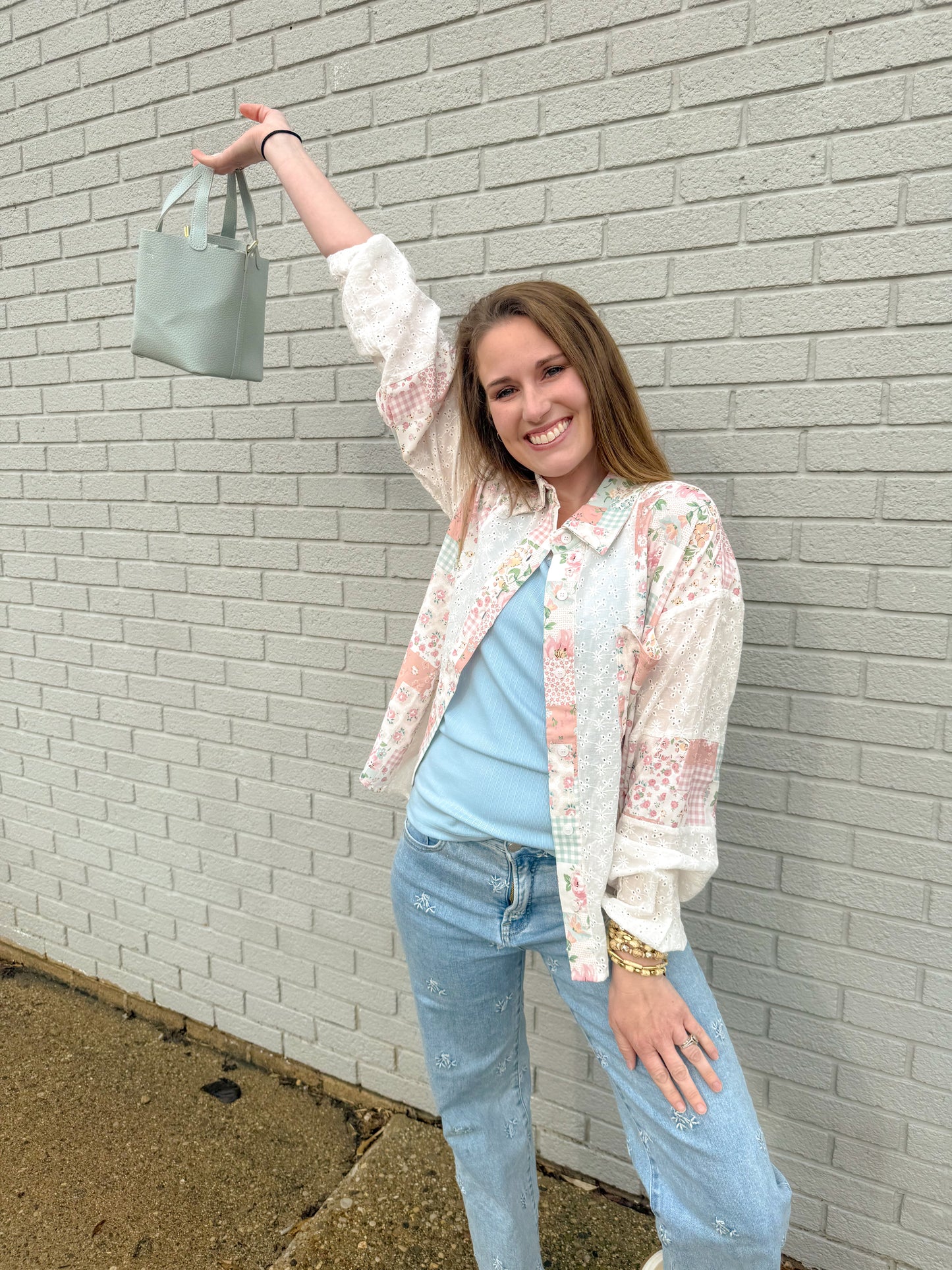 Spring Patchwork Eyelet Button Up