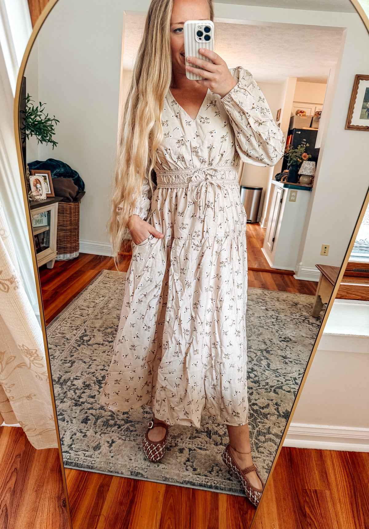 Softly Blooming Beige Floral V-Neck Midi Dress
