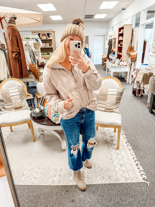 Frost & Stitch Quilted Pullover-Dk Taupe