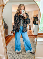 Floral Print Corduroy Collar Barn Jacket