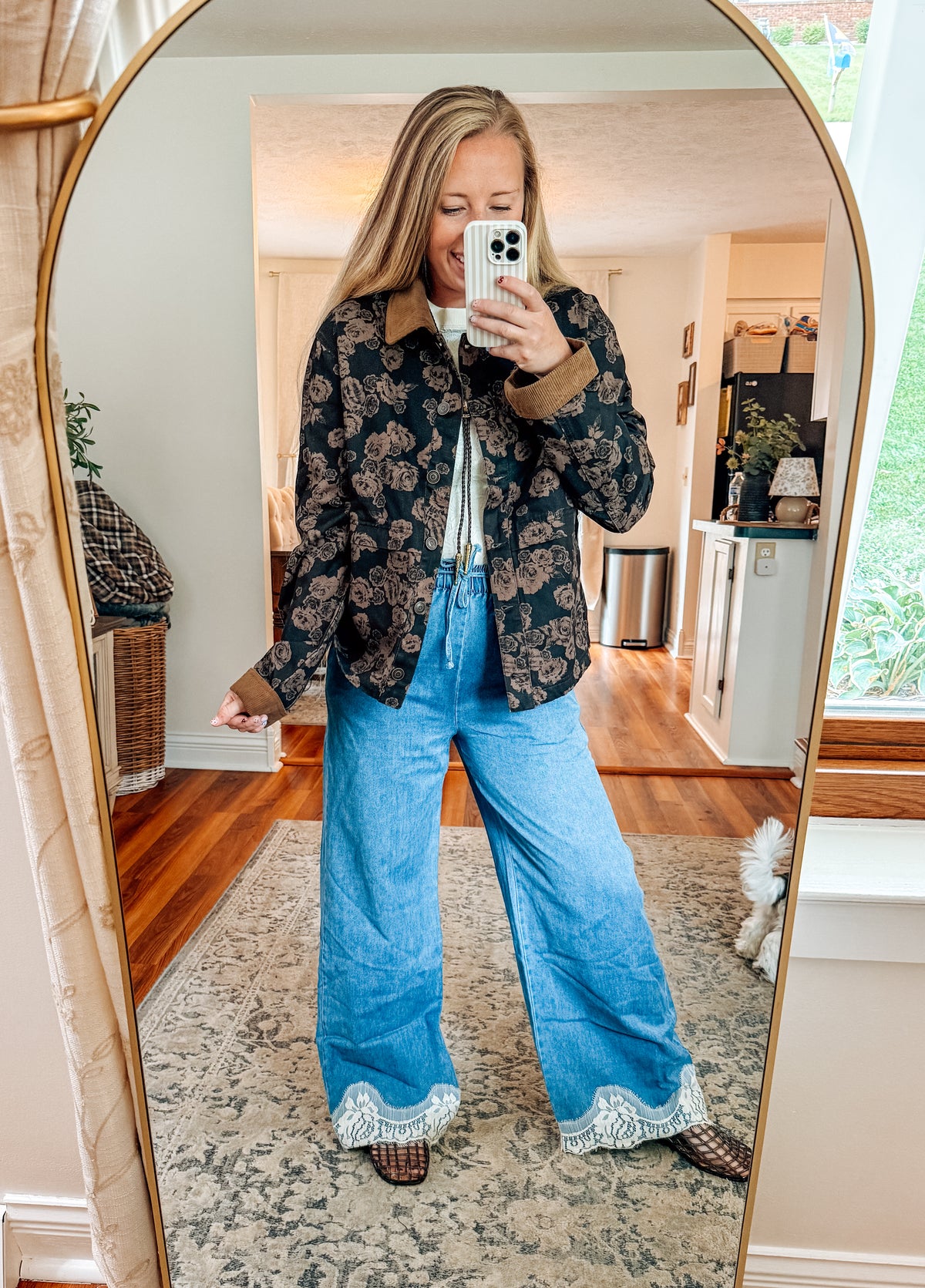 Floral Print Corduroy Collar Barn Jacket