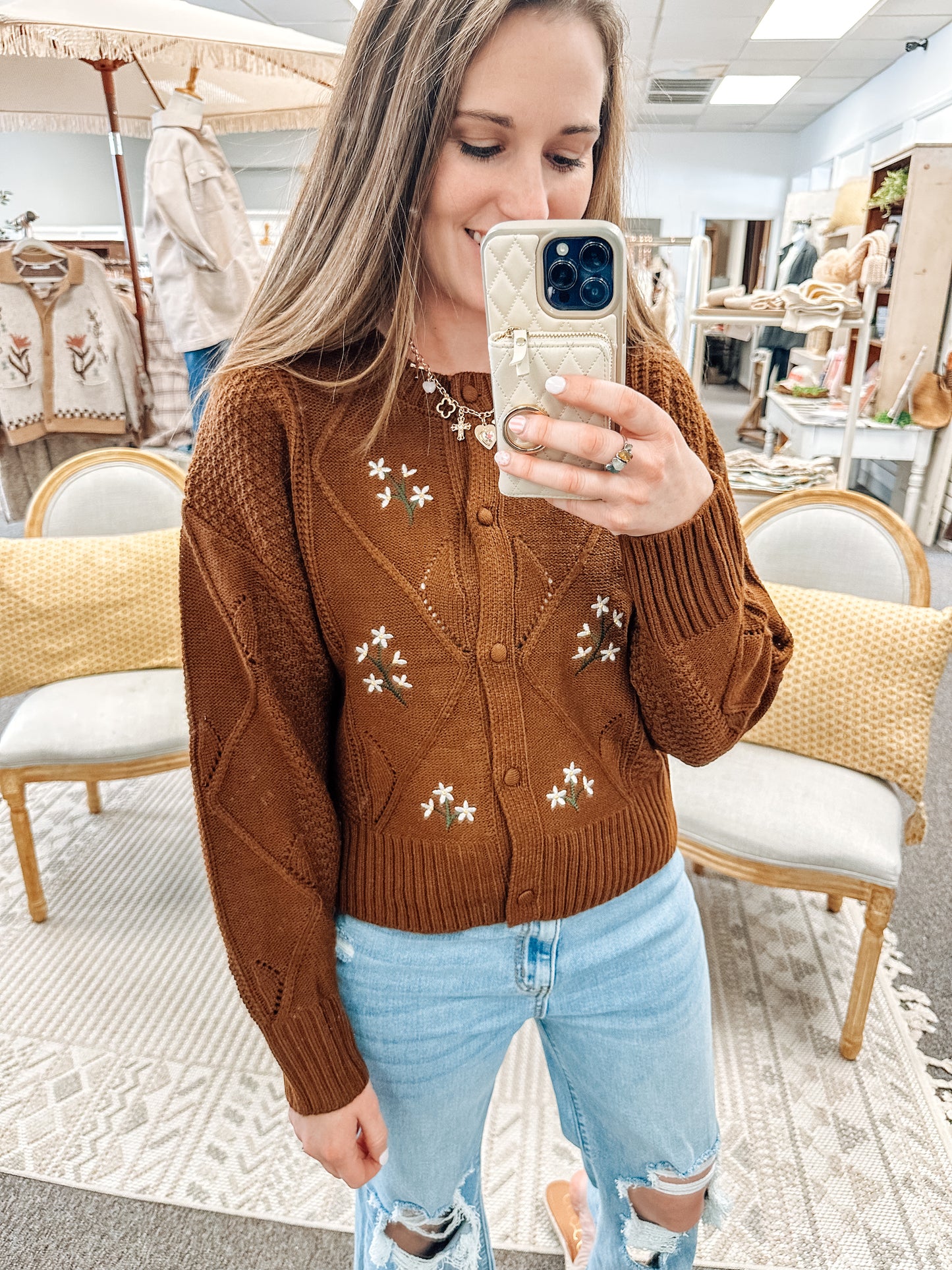 Neutral Necessity Embroidered Cardigan-Brown