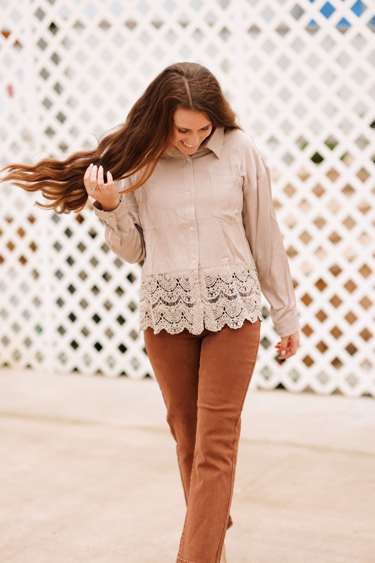 All Together Button Down Shirt-Taupe (S-3X)