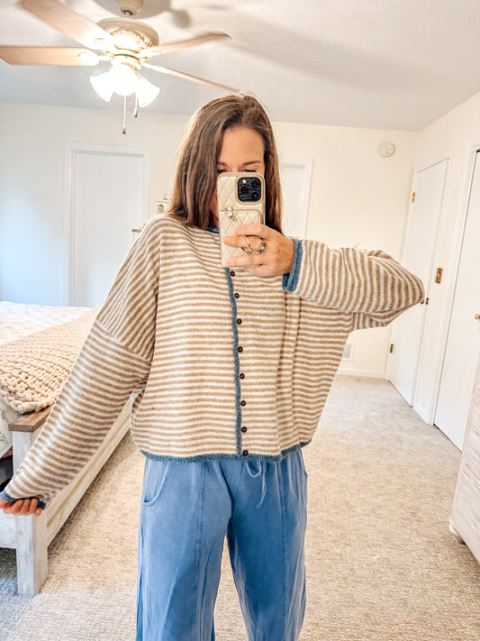 Harvest Lane Striped Cardigan-Mocha