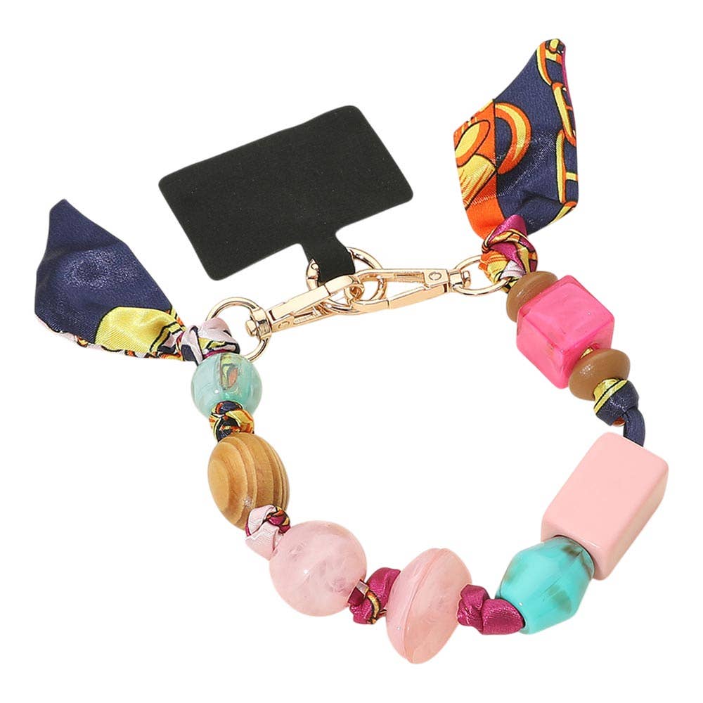 Geometric Beaded Patterned Fabric Scarf Chain Phone Holder Bracelet Wristlet Strap