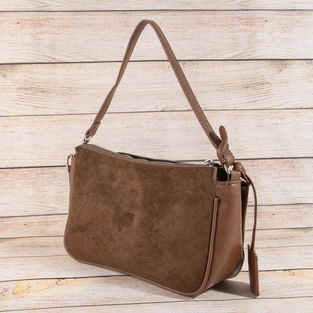 Pouch Style Turn Lock Detail Suede Shoulder Bag