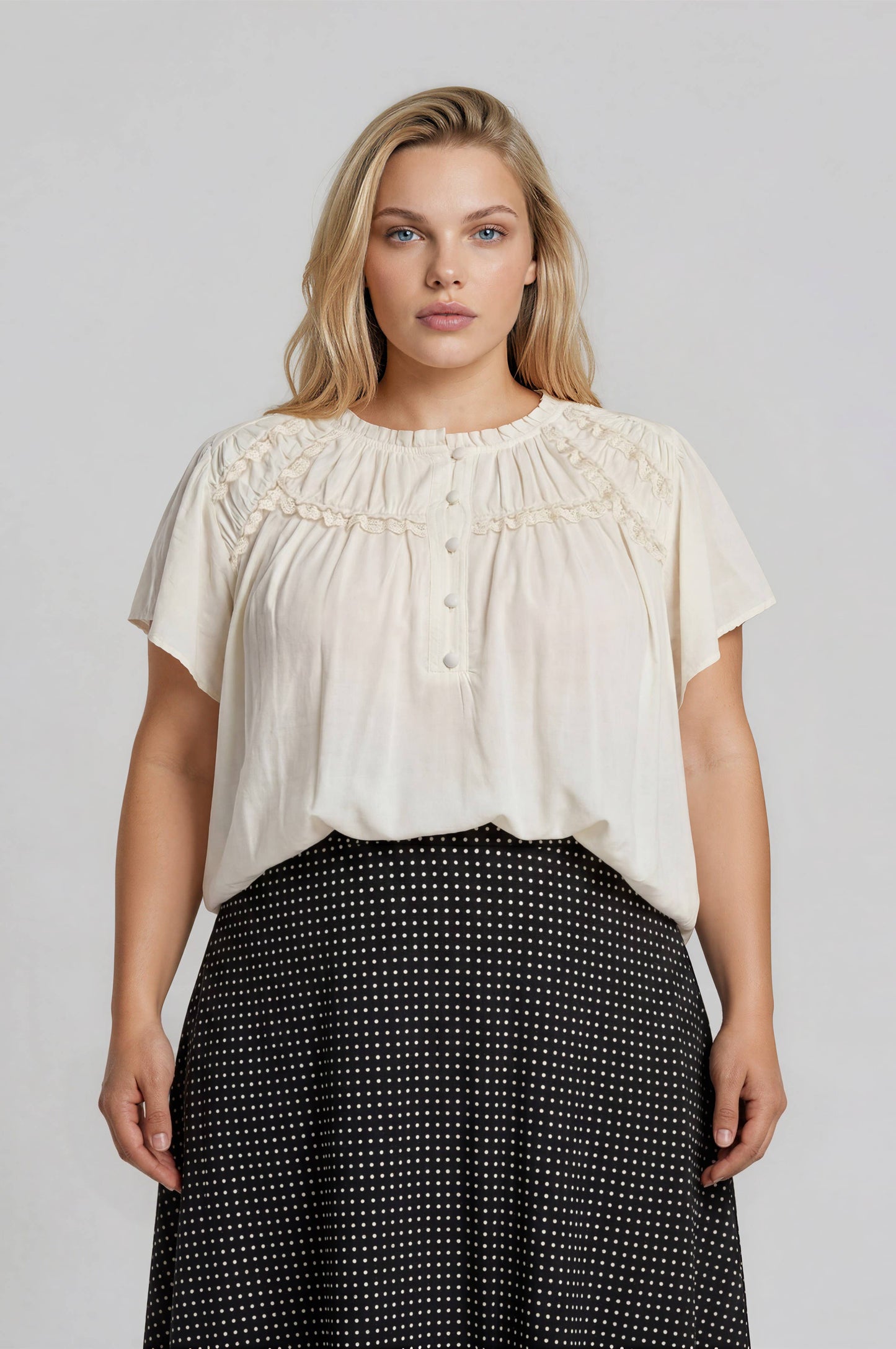 Caught Up in Cream Short Sleeve Blouse (S-3X)