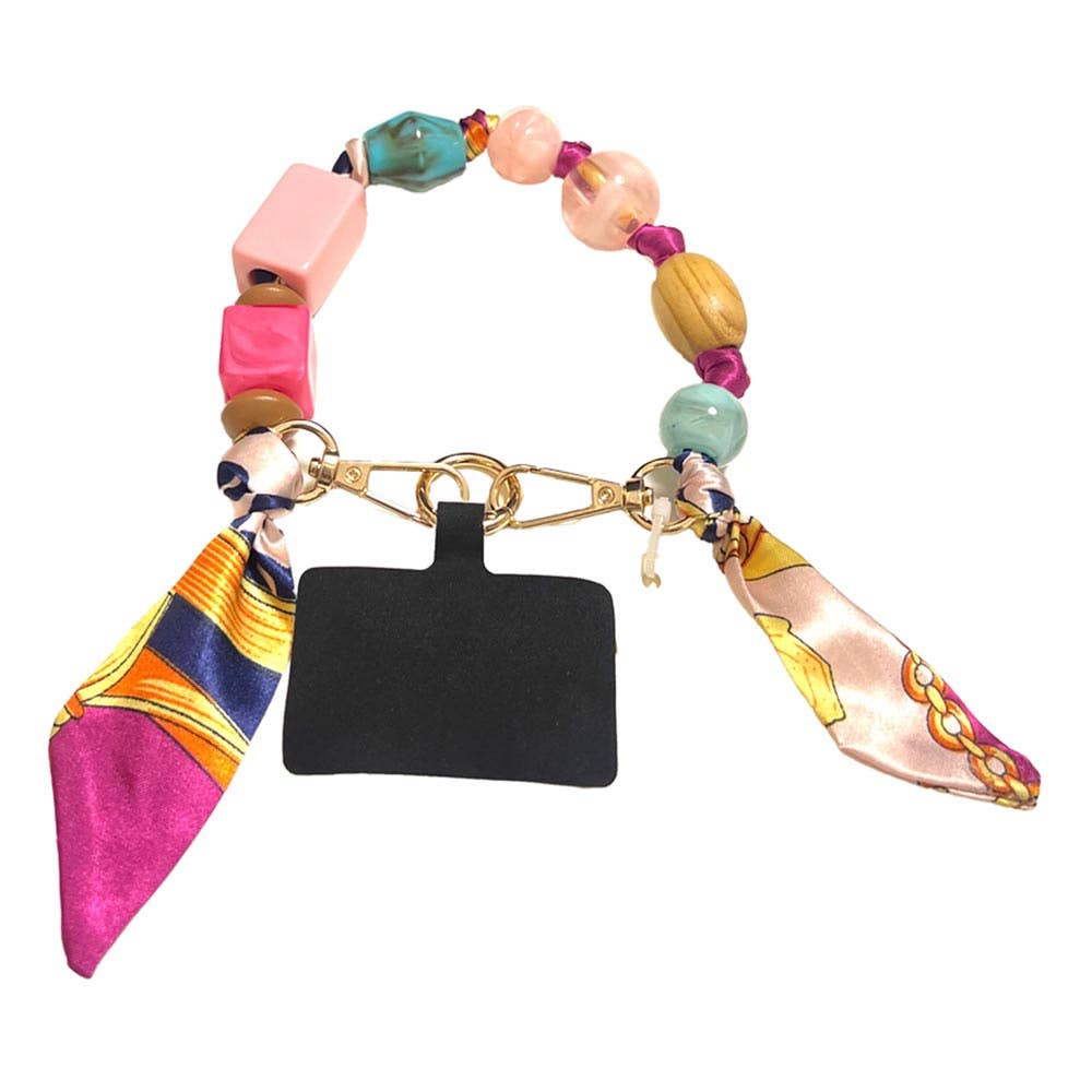 Geometric Beaded Patterned Fabric Scarf Chain Phone Holder Bracelet Wristlet Strap