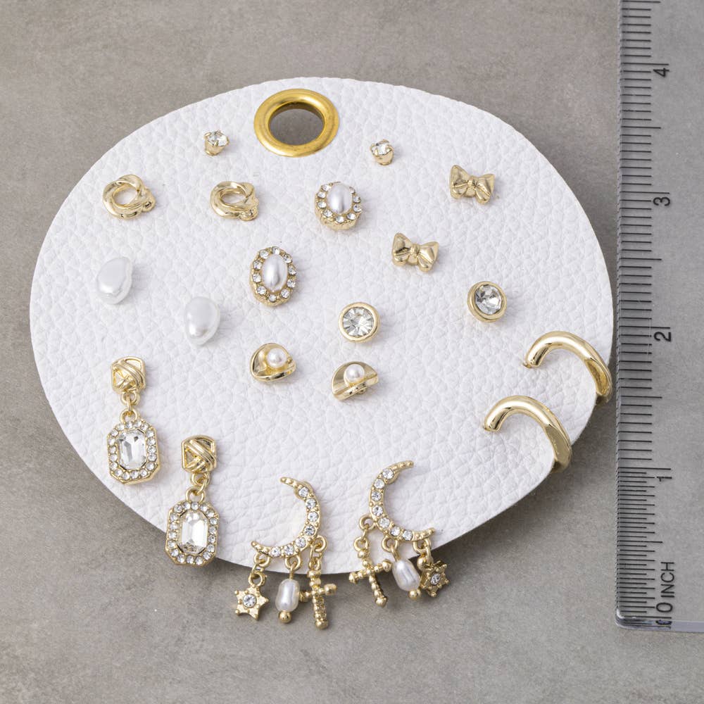 Baroque Pearl Bow & Moon Stud Earring Set