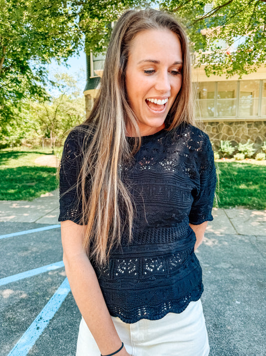 Time for Texture Knit Short Sleeve Top-Black