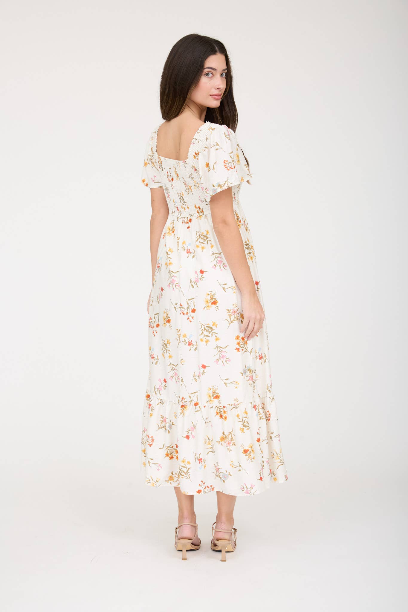 Floral Bell Sleeve Smocked Midi Dress