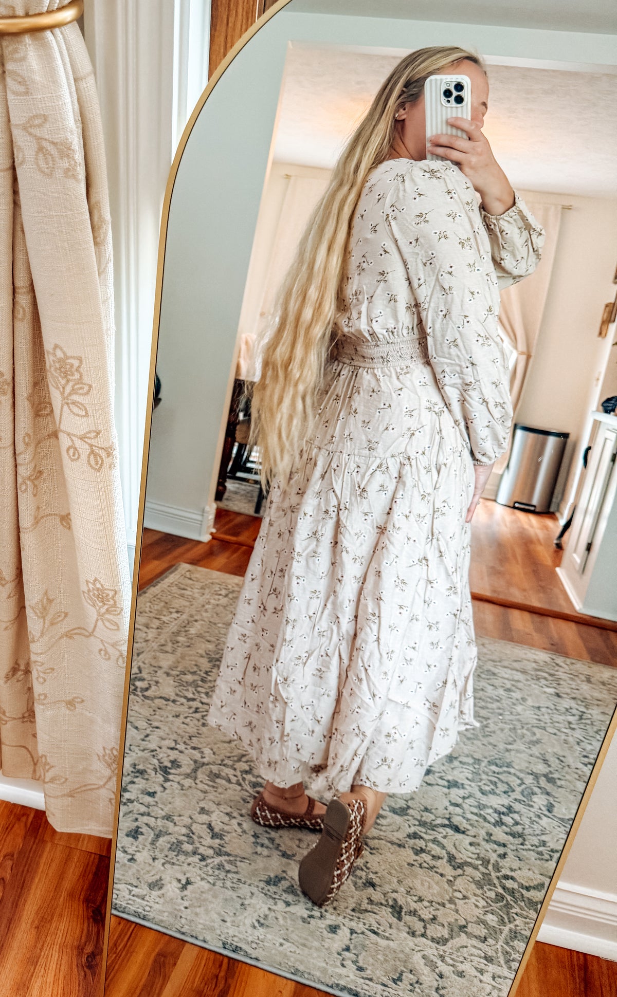 Softly Blooming Beige Floral V-Neck Midi Dress
