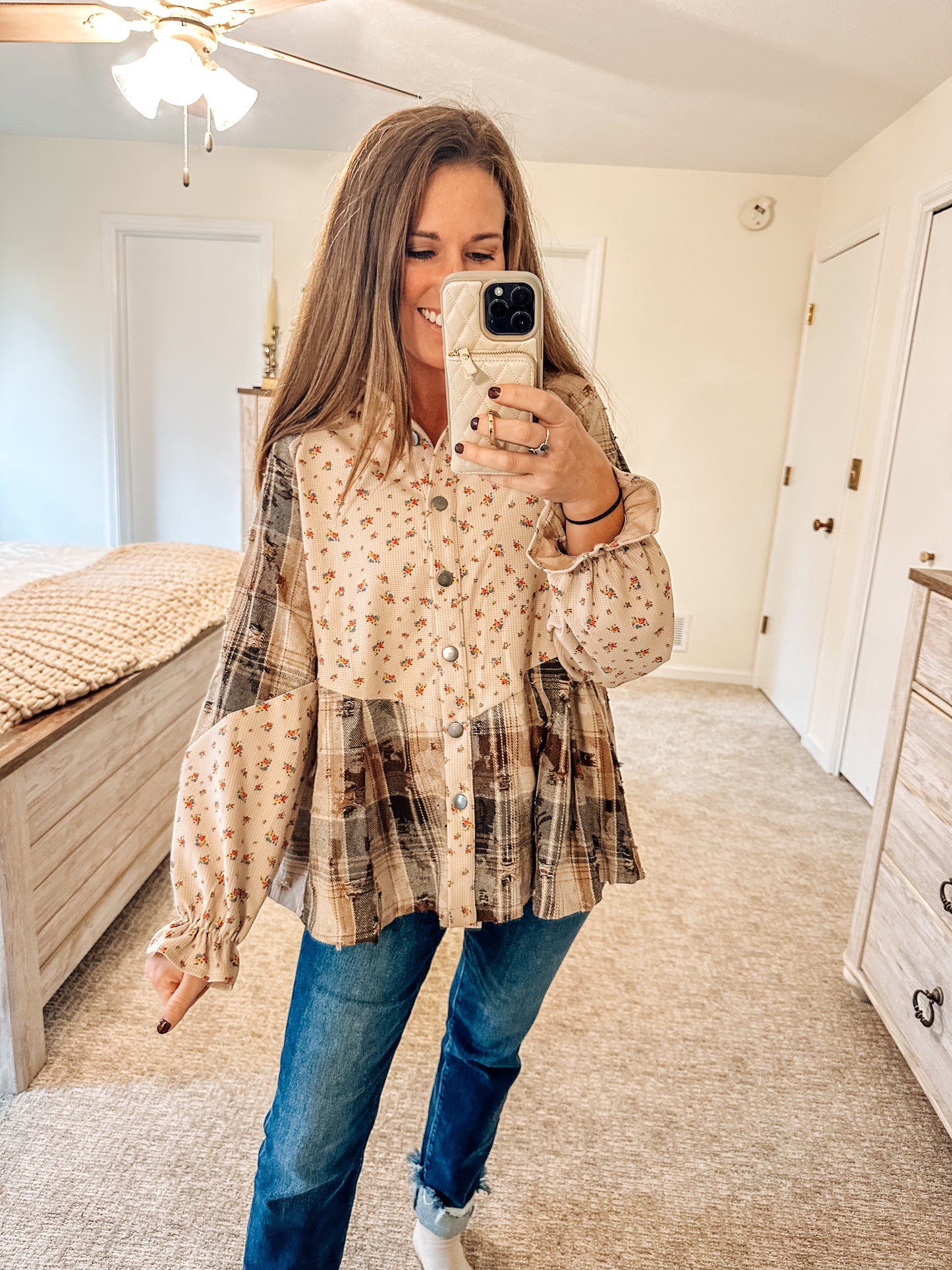 Boho Floral Plaid Ruffled Waffle Knit Shacket (S-XL)