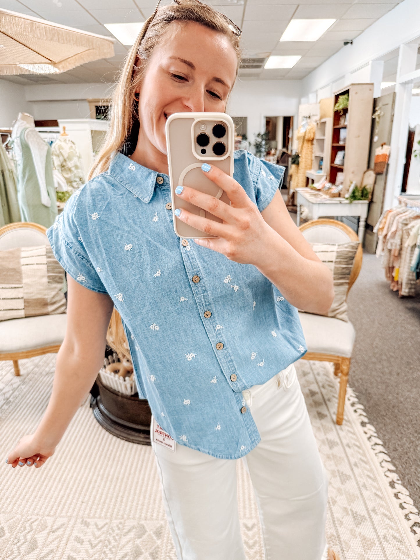 Petal Embroidered Button-Down Top (S-3X)
