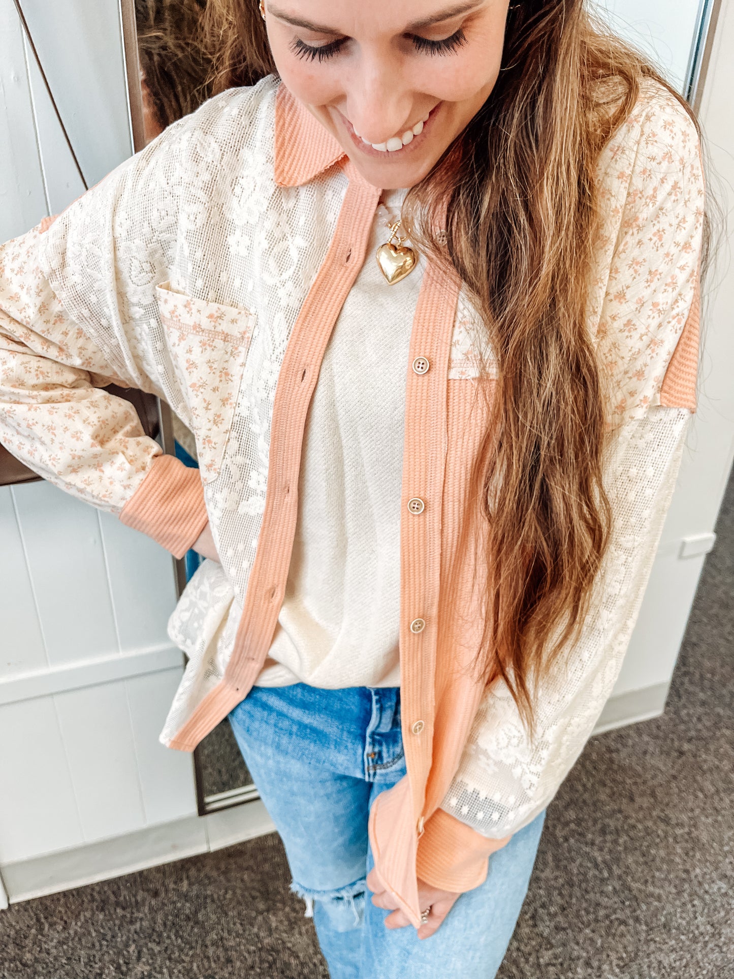 Floral Grace Mixed Button Up- Blush