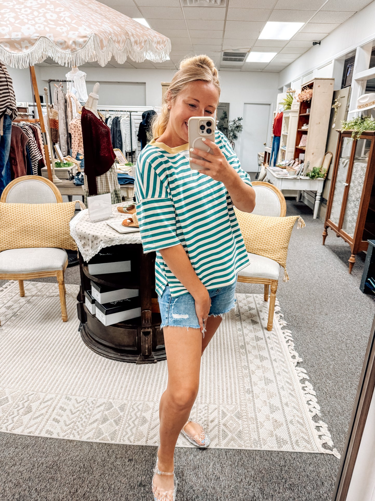 Simply Striped Basic Short Sleeve Top-Green Multi