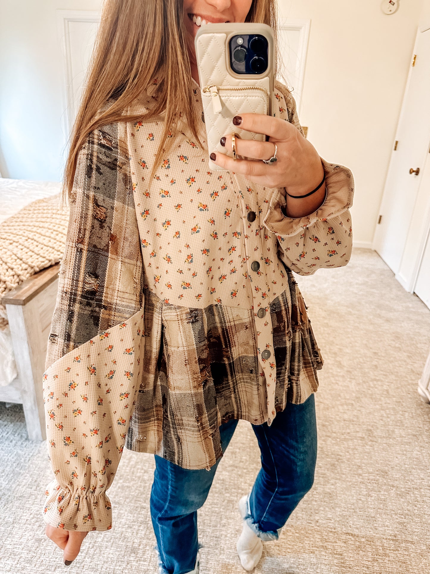 Boho Floral Plaid Ruffled Waffle Knit Shacket (S-XL)