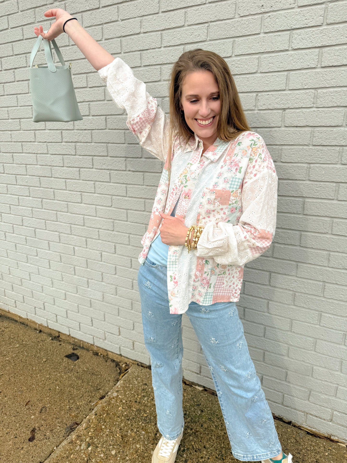 Spring Patchwork Eyelet Button Up