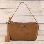 Pouch Style Turn Lock Detail Suede Shoulder Bag