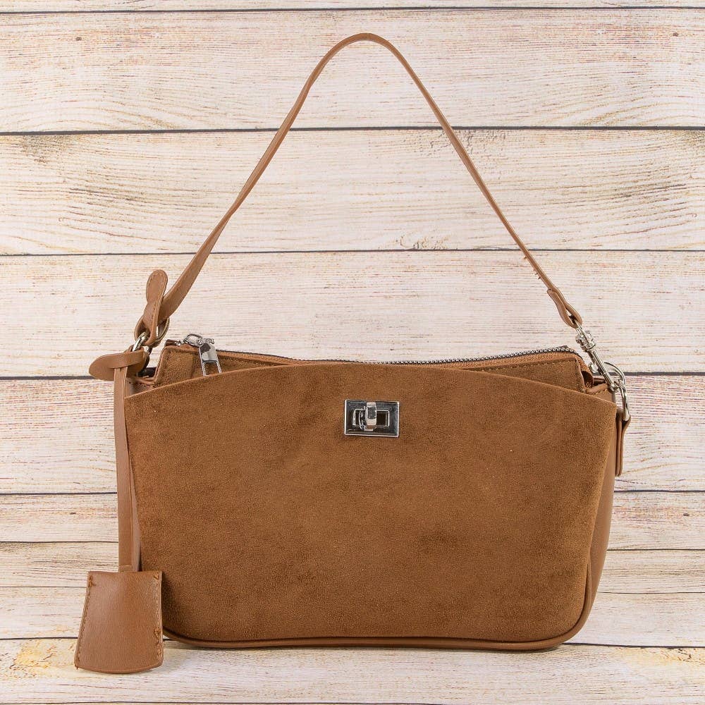 Pouch Style Turn Lock Detail Suede Shoulder Bag
