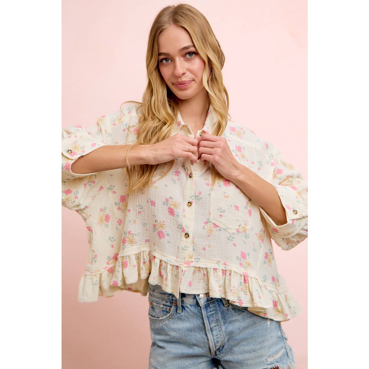 Flora Floral Peplum Button Up (S-Xl)