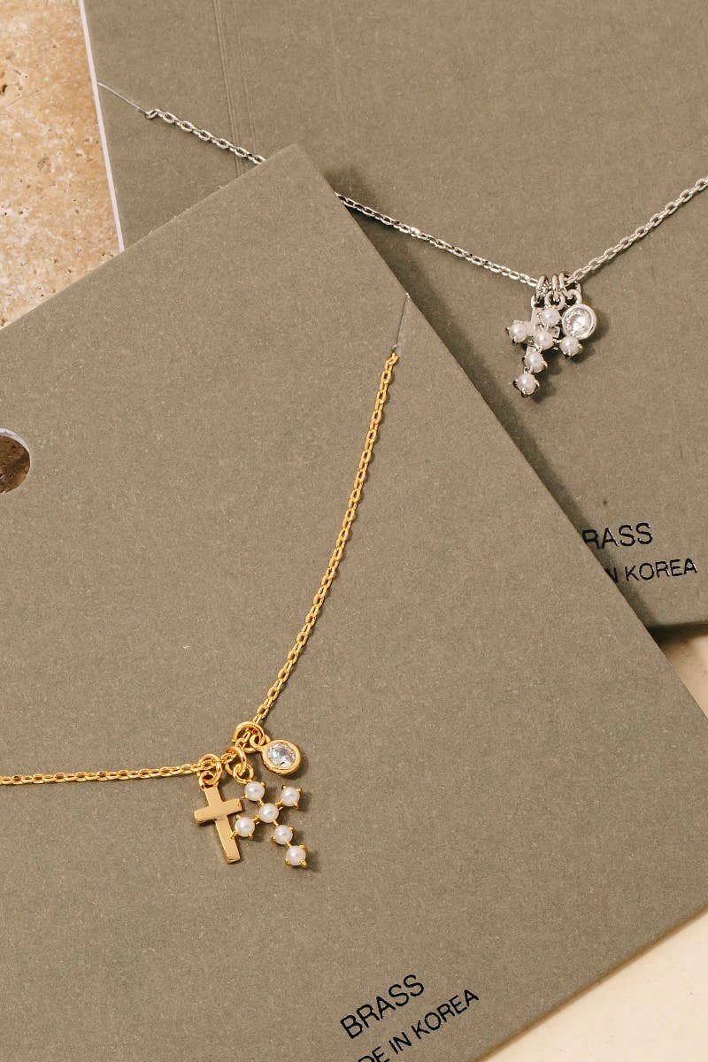 Pearl Cross And Gem Charms Chain Necklace