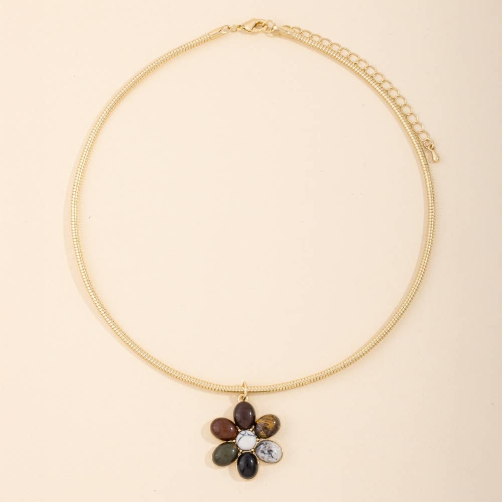 Semi Precious Stone Flower Pendant Necklace