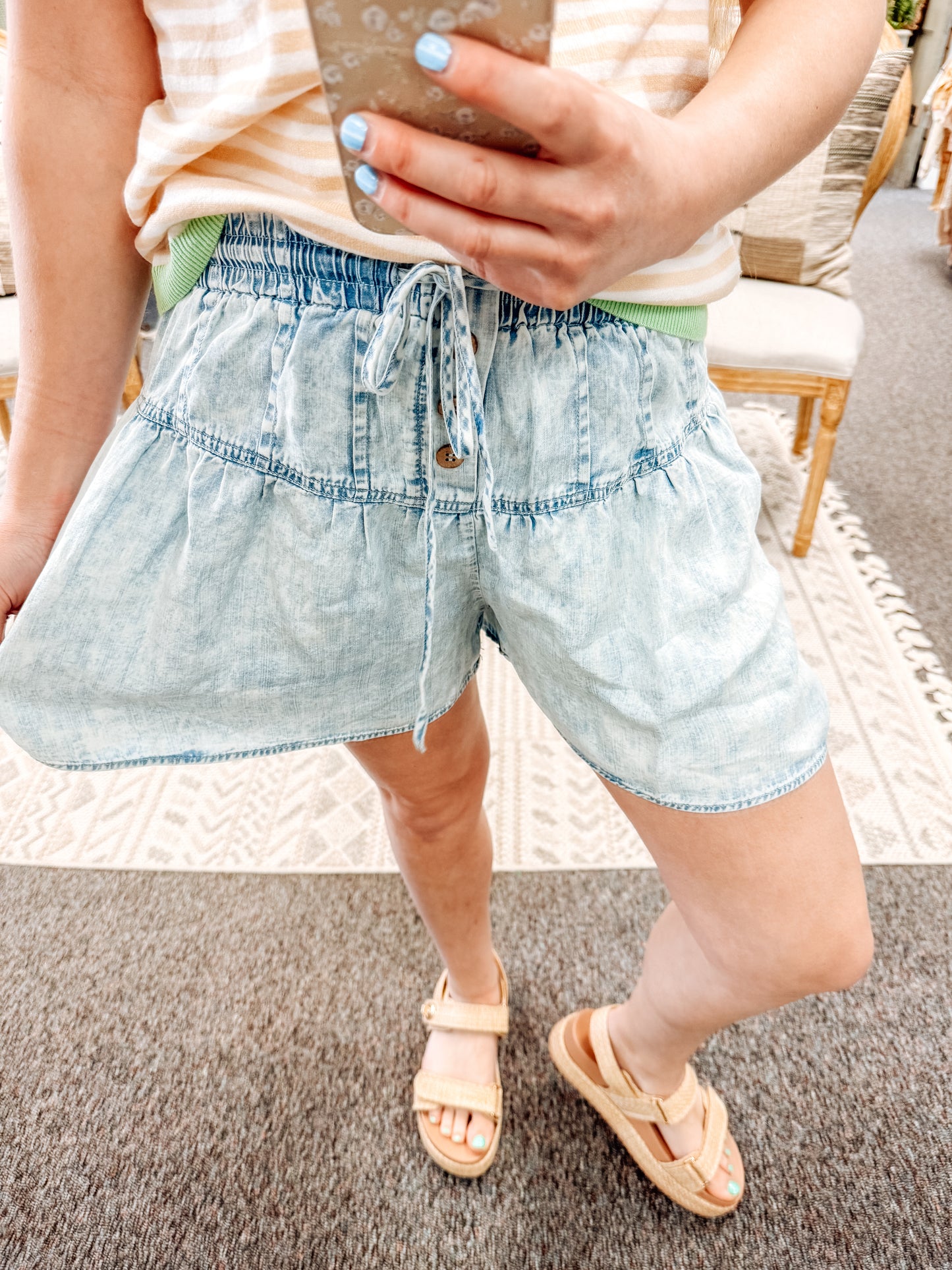 Chambray Button Down Flare Shorts