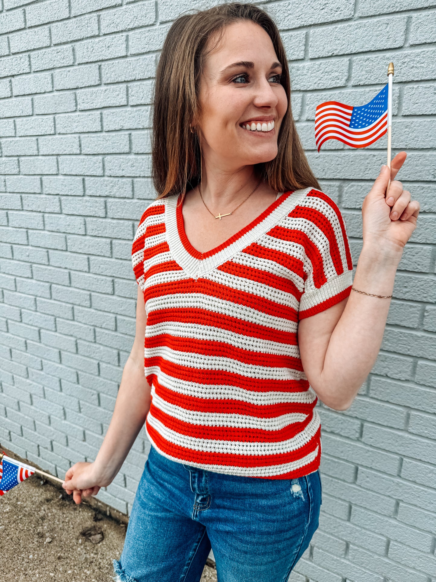 Patriotic Striped Knit Top-Red