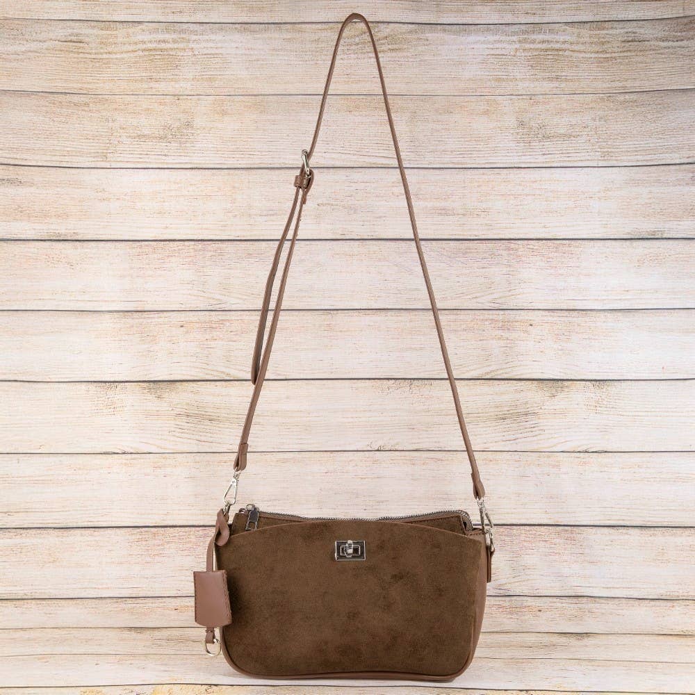 Pouch Style Turn Lock Detail Suede Shoulder Bag