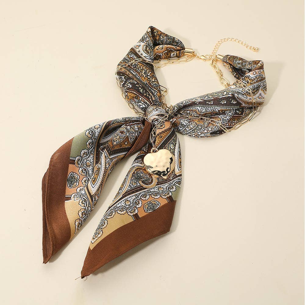 Hammered Metal Heart Pendant Chain Fabric Scarf Layered Necklace: Brown,Gold