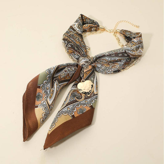 Hammered Metal Heart Pendant Chain Fabric Scarf Layered Necklace: Brown,Gold