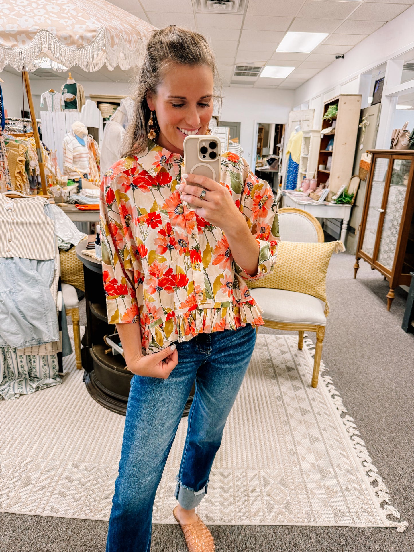 Found in Floral Ruffled Button Up Blouse (S-XL)