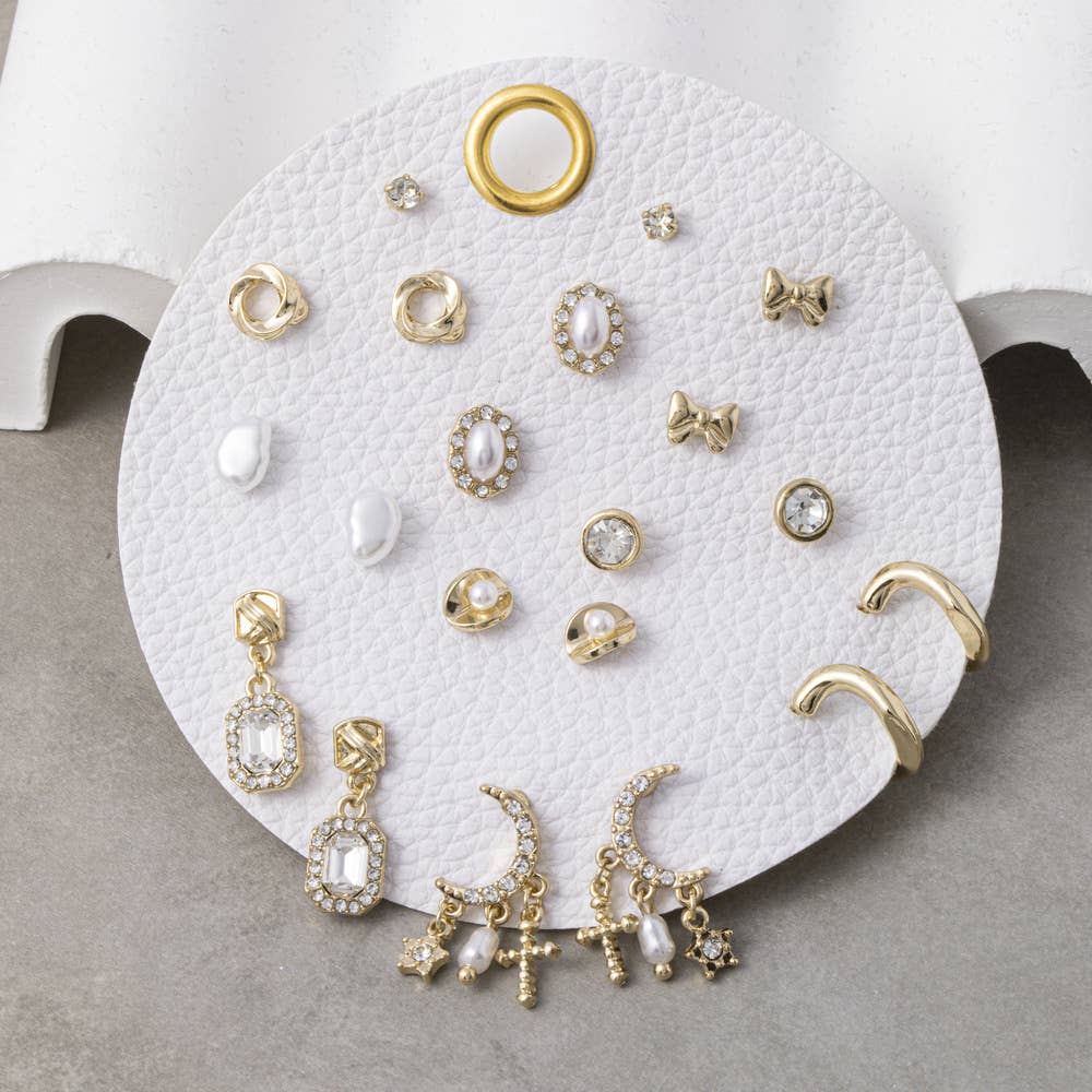 Baroque Pearl Bow & Moon Stud Earring Set
