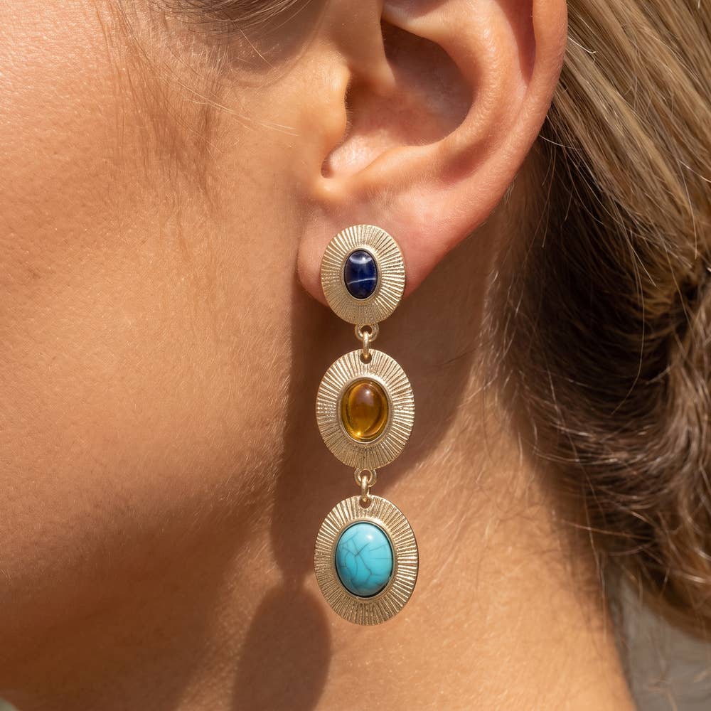 Sunburst Etched Triple Cabochon Drop Earrings